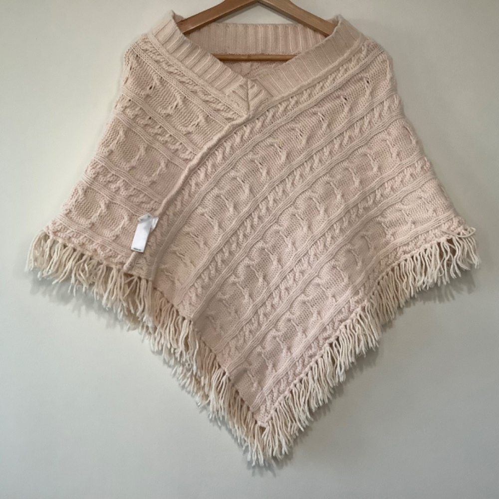 Banana Republic Wool Cape Poncho Cable Knit Fringe V Neck Triangle Ivory Pink - Picture 6 of 7